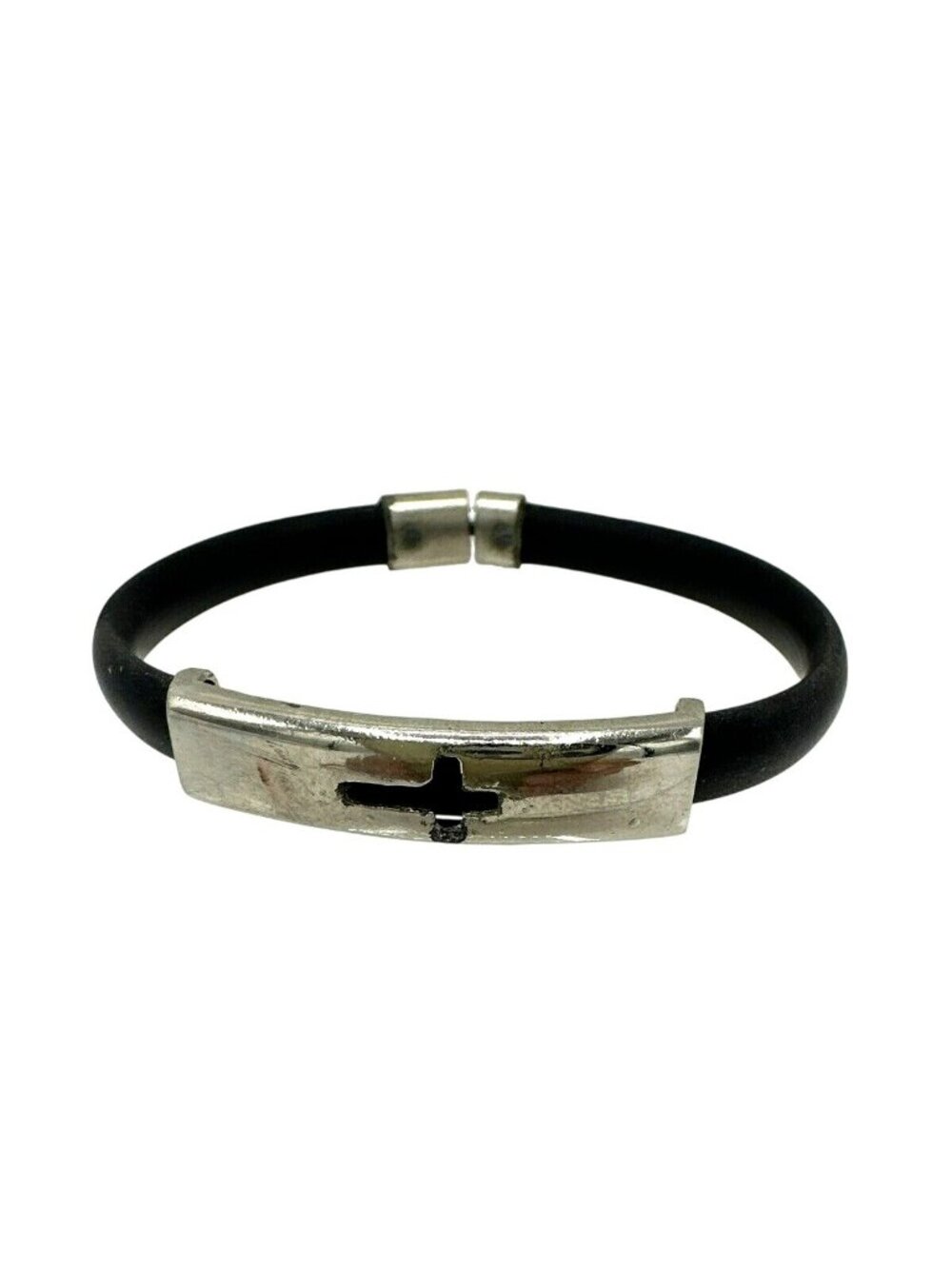 Faux Leather Bracelet Cross Christian Black Silver Tone Religious Fashion